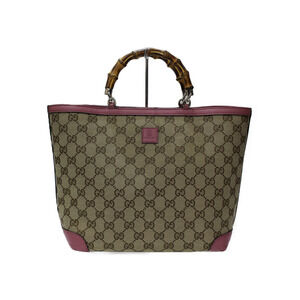 GUCCI handbag leather canvas pink beige bamboo Collection